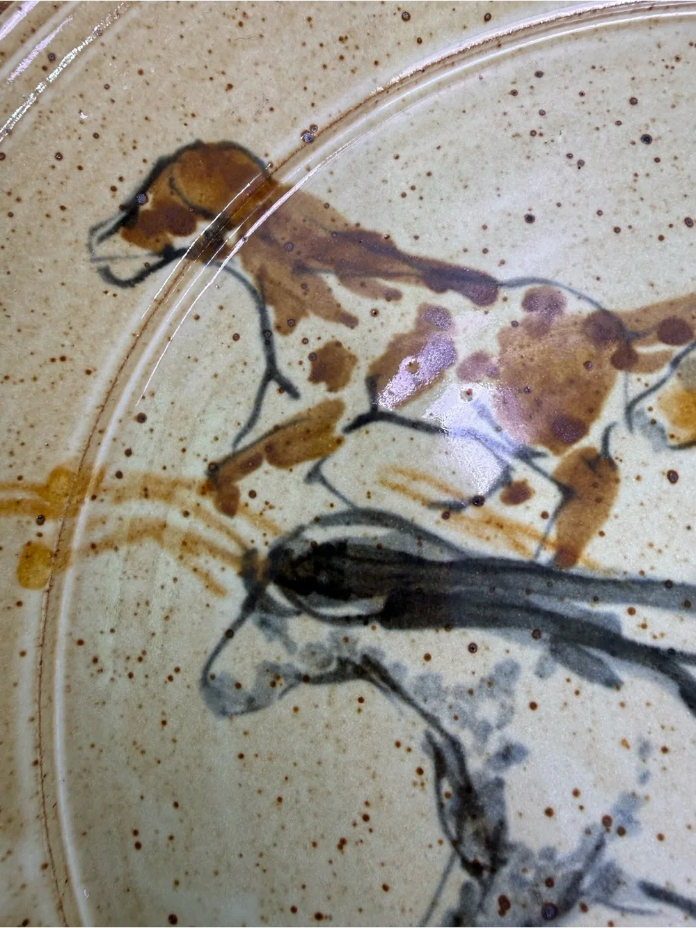 Vintage Studio Pottery 14” Horse Plate Platter Hand Painted Stoneware Equestrian